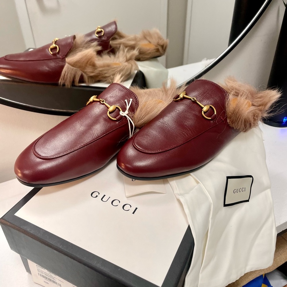 GUCCI Princeton Mule Slides - Fur Lined Leather - VINTAGEBORDEAUX - Size 40